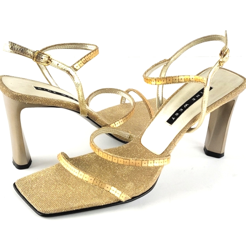 Nine West Gabelle Metallic Gold Sequin Strappy Square Toe Heeled Sandal
